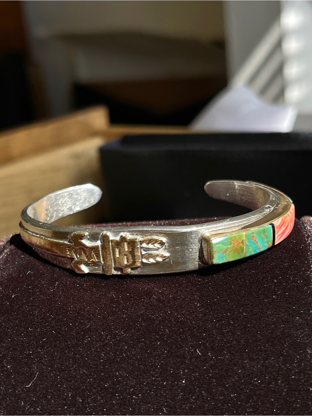 VTG Charlie John Navajo Sterling Silver Inlay Turquoise Kachina Cuff Bracelet 6”